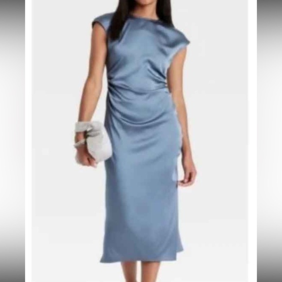 New A New Day Blue Satin Cinched Midi Dress - Picture 1 of 12